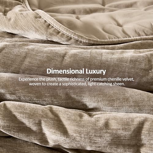 WDCOZY Cloud Soft Queen Size Quilt Set, Beige Tan Taupe Chenille Velvet