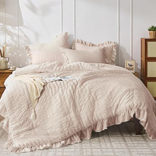 JOLLYVOGUE Beige Queen Comforter Set, 3 Pieces Seersucker Comforters Queen Size, Lightweight & Fluffy Bedding Sets Queen for All Season with 1 Ruffle Comforter and 2 Ruffle Pillowshams