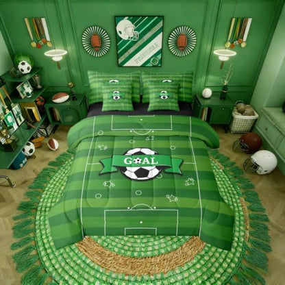 Erosebridal Soccer Green Gaming Boys Kids Football Court King 7-Piece Comforter Set | Hexagon Honeycomb Sheets and Pillowcases Striped Bed in A Bag Sports Theme Playground Bed Sets