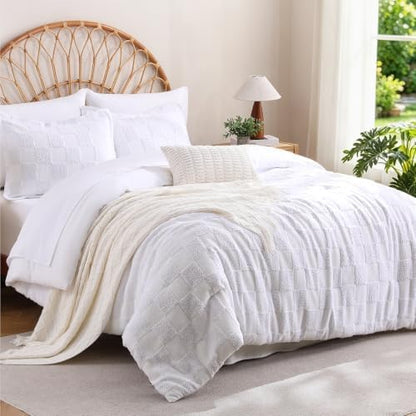MR&HM 7 Pieces Comforter Set Full, Checkered Boho Tufted Bed Set White