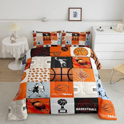 Erosebridal Basketball Comforter Set for Kids Boys Girls Sports Patchwork Bedding 3D Printed Basketball Duvet Set Ball Games Comforter King with 2 Pillowcases