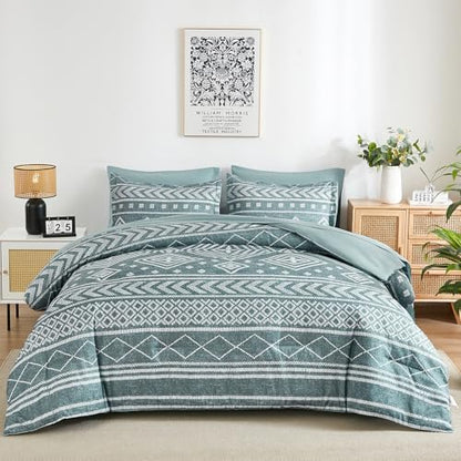 Yiran Boho Aztec Comforter Set King Size, Grayish Blue Comforter Bedding Set, 7 Piece Bed in a Bag, Soft Microfiber Bohemian Striped Complete Bedding Set with Sheets for All Season