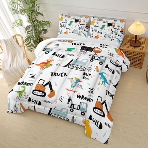 Boys Excavator Comforter Set Twin,Cartoon Bedding Set,Construction Comforter Set for Teen,Dinosaur Truck Quilt Set, Equipment Trucks Print White Bedding Set