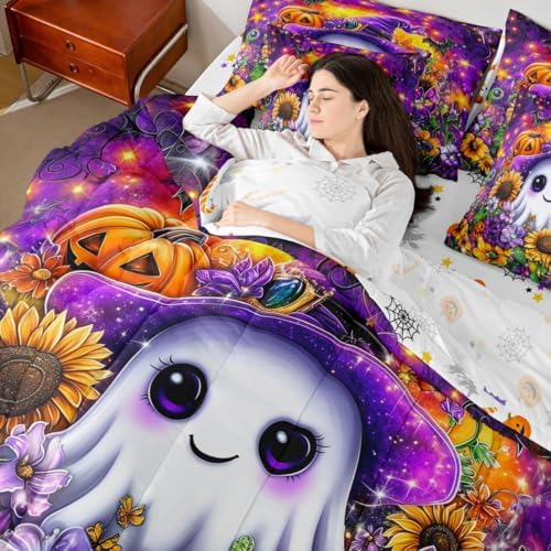 Erosebridal Halloween Theme King Comforter Set 7 Piece for Kids Boys Girls Room Decor Cartoon White Ghost Sunflower Print Bed in A Bag with Sheets Pumpkin Bedding Set Purple Bed Set