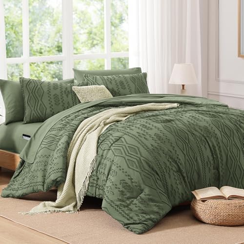 King Size Comforter Set Olive Green Tufted Boho Bedding Farmhouse 7 Pieces