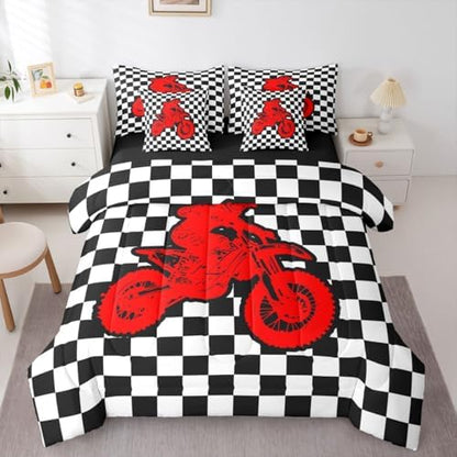 Feelyou Red Motocross Rider Comforter Set with Sheets 7 Piece King Size Checkered Flag Bedding Set for Kids Boys Girls Sporty Rider Bed in a Bag Off-Road Racing Room Decor Dirt Bike Soft Lightweight