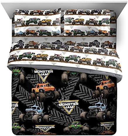 Jay Franco Monster Jam 5 Piece Queen Bed Set - Includes Comforter & Sheet Set - Grave Digger & Megalodon - Super Soft Fade Resistant Microfiber