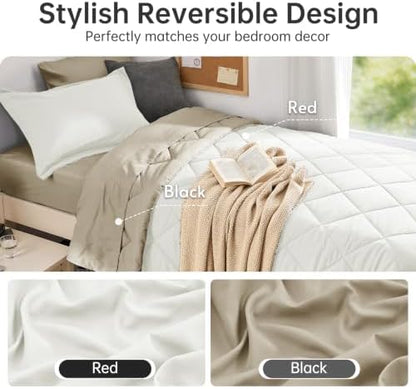 MUXHOMO 5 Pieces Twin XL Comforter Set, Reversible Bed in a Bag Twin XL Size, All Season Bedding Set with Comforter, Flat Sheet, Fitted Sheet, Pillowcases & Shams, Ivory & Khaki