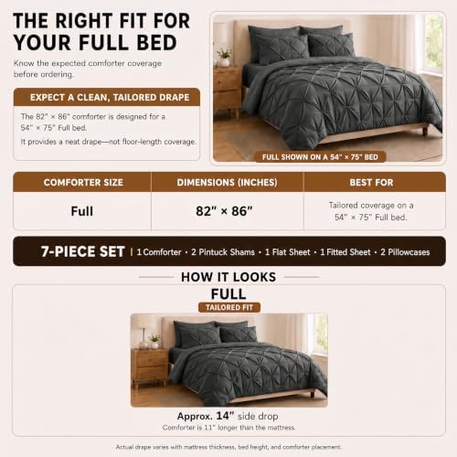 HIMEET Full Size Comforter Set Dark Grey - 7 Pieces Pintuck Bed in a Bag