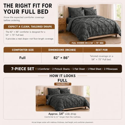 HIMEET Full Size Comforter Set Dark Grey - 7 Pieces Pintuck Bed in a Bag