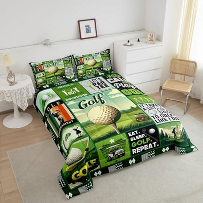 Manfei Golf Comforter Set Queen Size, Fashion Sports Theme Quilt Set with 2 Pillowcases, Green Lattice Patchwork Bedding Set 3pcs for Kids Boys Teens Bedroom Decor Ball Gaming Duvet Insert