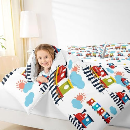 Feelyou Cartoon Train Comforter Set Queen Size Cute Transports Car Bedding Set for Kids Boys Girls Retro Steam Engine Duvet Quilt Bedroom Decor Microfiber 3 Pcs with 2 Pillow Cases