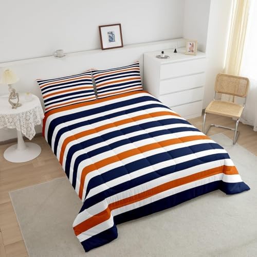 Homewish Stripe Art Comforter Set King Size Blue and Orange Room Decor for Woman Men Modern Simple Comforter Aldults Bedroom Stripes Bedding Set 1 Comforter with 2 Pillow Cases,Lightweight Warm Soft
