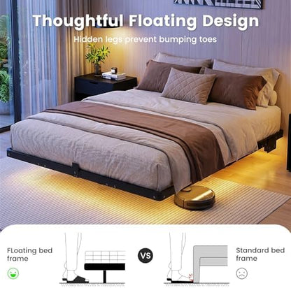 Liians Full Floating Bed Frame with Smart LED Lights, USB Charging Station