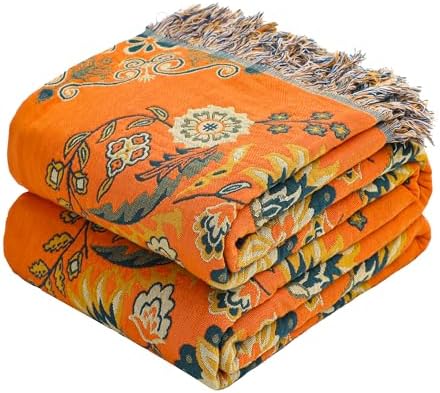 VANJOROY 100% Cotton Throw Blanket, Muslin Breathable Soft Bed Quilt Orange Throw - Bohemian Floral Farmhouse Decor Blanket for Sofa Couch Chair and Gift. 50" x 60"