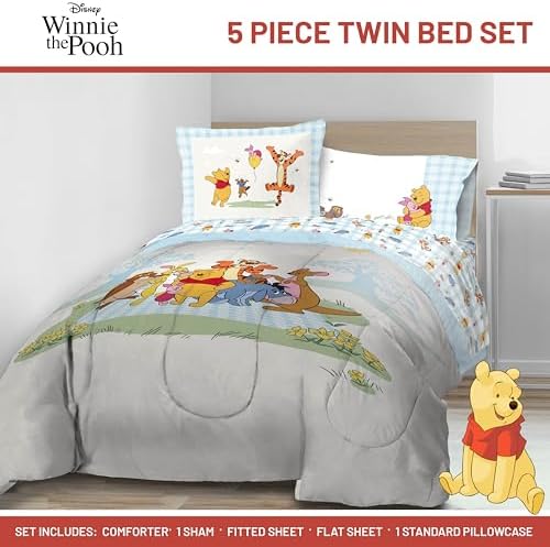 Disney Winnie The Pooh Twin Comforter Set 5 Piece Kids Bedding, White
