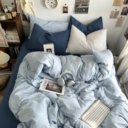mixinni 100% Washed Cotton Duvet Cover Set Queen Size, Solid Light Blue Ocean Themed Chic Bedding, Soft Breathable Minimalist Comforter Cover with Zipper Closure & Corner Ties-Queen Size