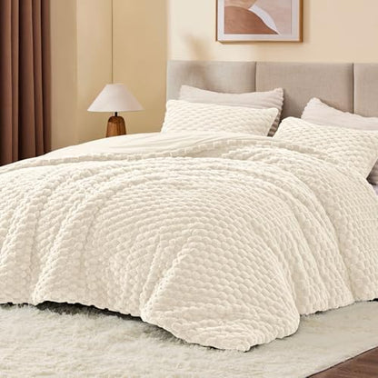BEDELITE Fluffy Full Size Comforter Set, Cream Fleece Bed Set 3 Pieces