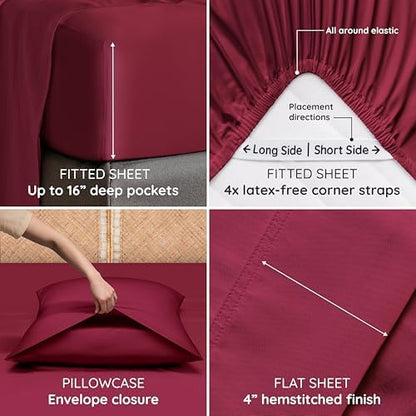 Bambaw Queen Size 4pcs Cooling Sheets Set 100% Viscose Derived from Bamboo, Luxury Bedding, Soft Sheets, Deep Pocket Fits Up to 16'' Mattresses (Burgundy)