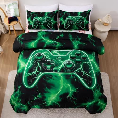 Meeting Story Boys Full Size Comforter Set, 3D Game Controller Design Gamer Comforter Set, Polyester Fiber Boys Bedding for Kids Teens,Suitable for All Seasons(Green)