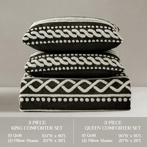 Wonderful Tufted Boho Comforter King, 3 Piece Flannel Fair Isle Geometric Jacquard Lightweight Comforter with Washed Brushed Backing, Skin-Friendly Rustic Plush Blanket for All Season, Black, 104"x90"