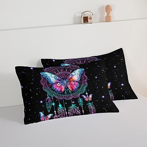 HOSIMA Dream Catcher Tween Bedding Sets for Girls,Butterfly Feather Dream Stories Comforter Set Kidcore Room Decor Aesthetic Galaxy Starry Black Boho Comforter Set King Size with 2 Pillowcases.