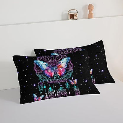 HOSIMA Dream Catcher Tween Bedding Sets for Girls,Butterfly Feather Dream Stories Comforter Set Kidcore Room Decor Aesthetic Galaxy Starry Black Boho Comforter Set King Size with 2 Pillowcases.