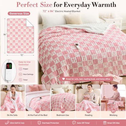 Pink Bow Heated Blanket Electric Full Size 72"X84", Heating Blanket Full