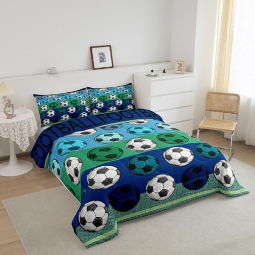 Homewish Soccer Pattern King Size Comforter Set,Kids Blue Gray Stripe Decor All Season Bedding Set,Teens Soccer Sports Comforter,Sport Gaming Decor Quilt Set Bedroom Collection 3Pcs