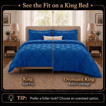 CozyLux King Comforter Set Classic Blue, 7 Pieces Pintuck Bed in a Bag