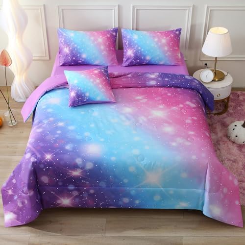 JQinHome Glitter Bedding Set Twin Size,6 Piece Bed in A Bag 3D Colorful Rainbow Galaxy Comforter Set for Girls Kids-All Season Microfiber Tie-Dye Bedding Sets(Blue Purple)