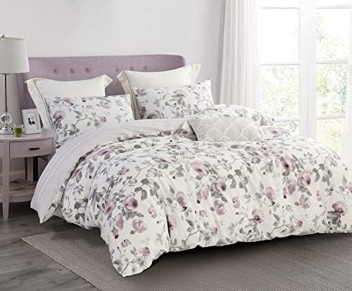 SLEEPBELLA Comforter Queen Size, 600 Thread Count Cotton White Print with Purple Flowers Reversible Comforter Sets, Down Alternative Bedding Set 3Pcs(Queen, Purple Floral)