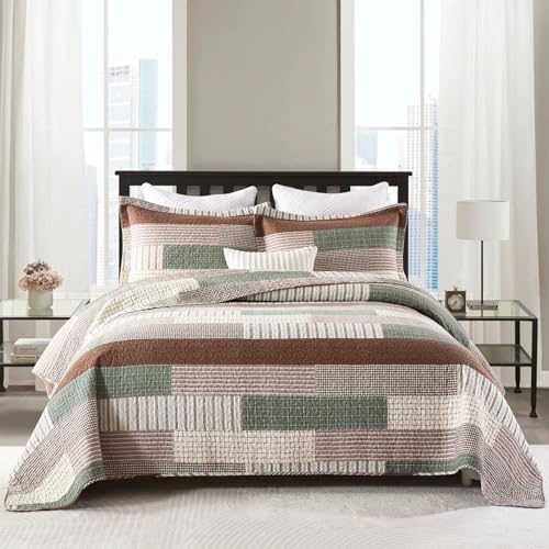 Y-PLWOMEN 100% Cotton Quilts Queen Size Farmhouse Striped 3-Pieces Bedding