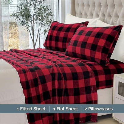 Elegant Comfort Luxuriously Soft 4-Piece Velvet Plush Flannel Sheet Set - Premium Quality - Cozy Warm, Anti-Static, Non Pilling Fuzzy Velvet Flannel Fleece Deep Pocket Sheet Set - King, Buffalo Red