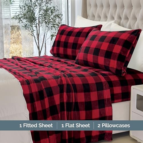 Elegant Comfort Luxuriously Soft 4-Piece Velvet Plush Flannel Sheet Set - Premium Quality - Cozy Warm, Anti-Static, Non Pilling Fuzzy Velvet Flannel Fleece Deep Pocket Sheet Set - Full, Buffalo Red