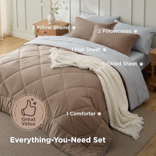 Bedsure Queen Bed in a Bag Reversible Bed Set 7 Pieces Brown/Light Grey