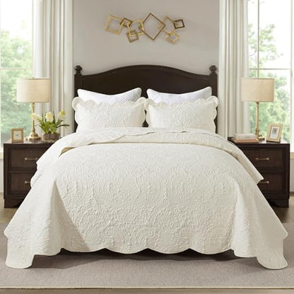 HoneiLife Queen Quilt Bedding Set - Microfiber Quilt Sets for Queen Bed, 3-Piece Lightweight Bedspreads,Reversible Coverlets Rustic Bedlinen Sets, Floral Bedding Set All Season Quilts-Beige