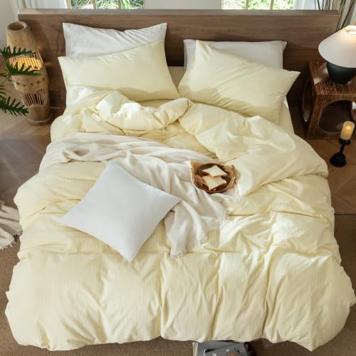 MooMee Striped Duvet Cover Set 100% Washed Cotton Linen Like King