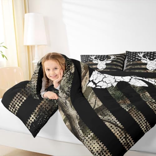 Feelyou Camo American Flag Deer Hunting Comforter Set Full Size Bedding Set