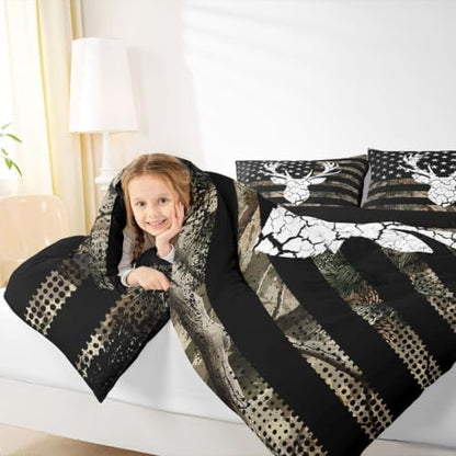 Feelyou Camo American Flag Deer Hunting Comforter Set Full Size Bedding Set
