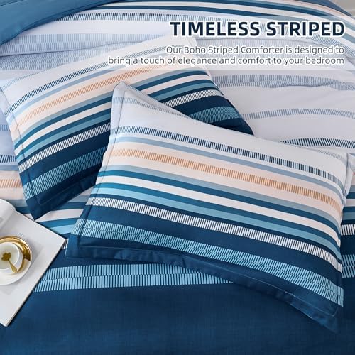 Dobuyly Blue Comforter Full Size Set 7 Piece, Boho Striped Bed in a Bag Full Soft Microfiber All Season Bedding Set with Comforter, Sheets, Pillowcases & Shams