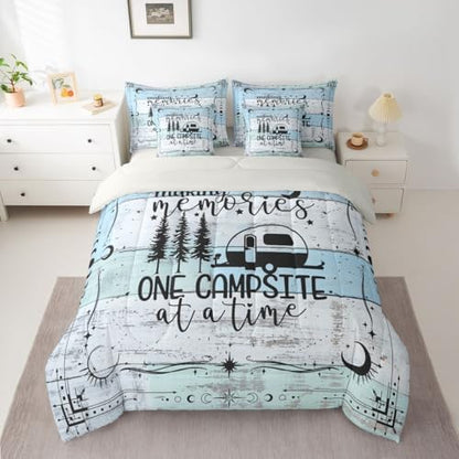 Erosebridal 7Pcs Camper Decorations Bedding Set for Boys Twin Size, Happy Camping Comforter Set, Boho Sun Moon Bedding Comforter Sets, Vintage Wooden Planks Sheet Set Rustic Farmhouse Decor, Blue
