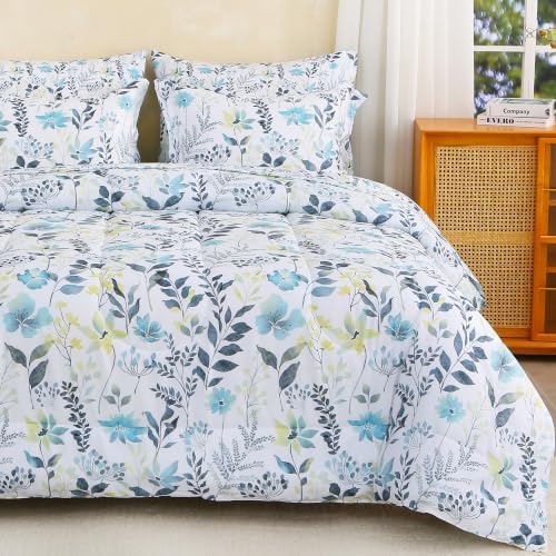 lasoftan Floral Queen Comforter Set with Sheets, 7 piece Luxury Vintage Bedding, Soft Microfiber Bed in a Bag, Cozy Lightweight Bed Set, Grey Yellow Botanical
