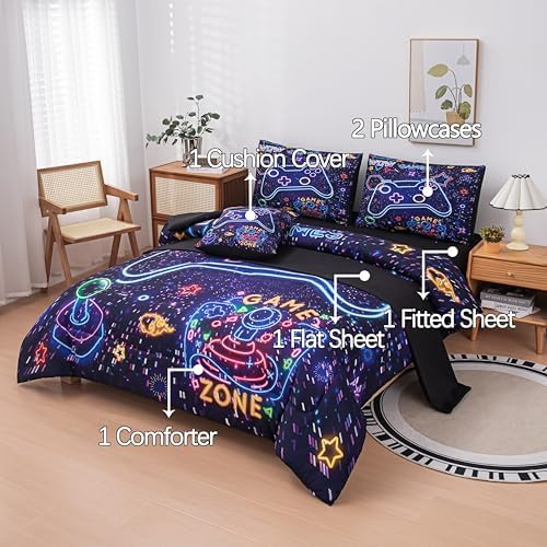 MWMWMW 6 Pcs Boys Comforter Set Full Size, Gaming Comforter Sets for Boys, 3D Video Game Bed in a Bag Full for Kids Girls with 1Comforter, 1Flat Sheet, 1Fitted Sheet, 1 Pillow Cover, 2Pillowcases