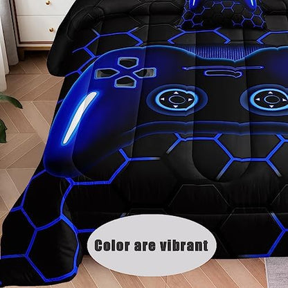 5 Pieces Bed in a Bag for Boys Bedding Sets Twin Size,Gamer Comforter Sets for Boys Kids, Gaming Comforter Set for Room Decor with Flat Sheet,Fitted Sheet,Pillowcase,Cushion Cover