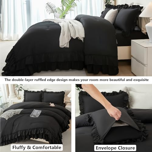 ANGIYUIN 5Pcs Black King Size Bed in A Bag Double Ruffled Comforter Sets Lightweight Shabby Chic Bedding Sets Soft Fluffy Bedding Comforter Set with Sheets for Women Men(Black King)