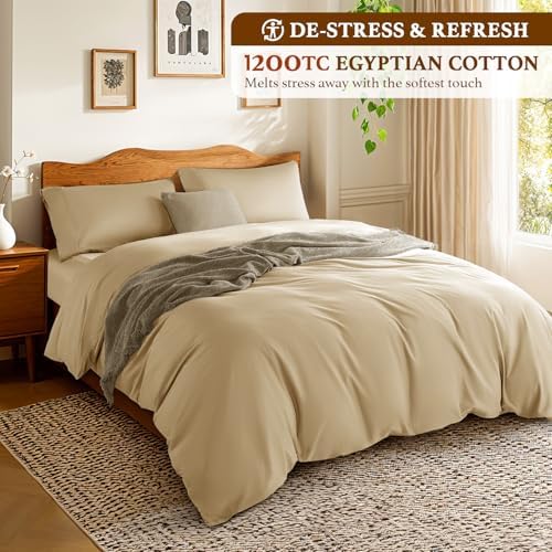 DEITAS 100% Cotton Queen Duvet Covers 3 Piece,1200 Thread Count，Beige