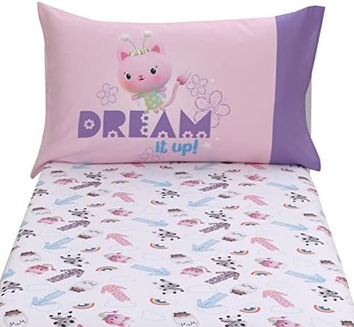 DreamWorks Gabby's Dollhouse Dream It Up Pink and Purple Kitty Fairy 2 Piece Toddler Sheet Set - Fitted Bottom Sheet and Reversible Pillowcase