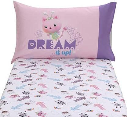 DreamWorks Gabby's Dollhouse Dream It Up Pink and Purple Kitty Fairy 2 Piece Toddler Sheet Set - Fitted Bottom Sheet and Reversible Pillowcase