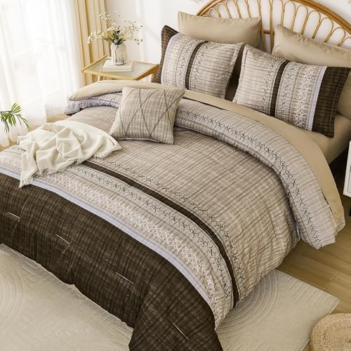 Dintszyayue Brown Comforter Set Full Size, 8 Pieces Boho Striped Bed in a Bag Soft Microfiber Bedding Set for All Season